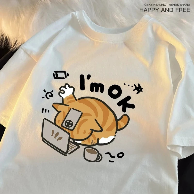 I'm OK Orange Cat Print T-Shirt