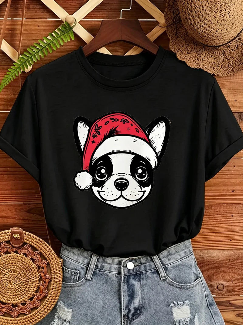 Women's Frenchie Christmas T-Shirt with Santa Hat Graphic