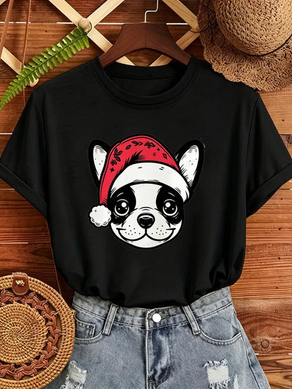 Women's Frenchie Christmas T-Shirt with Santa Hat Graphic