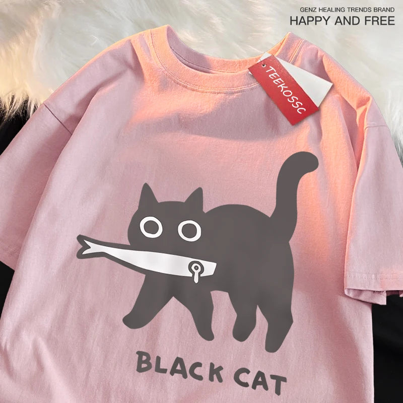 Black Cat Eating Fish T-Shirt