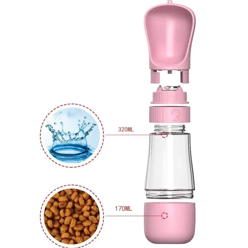 2-in-1 Pet Water Bottle with Food Storage and Drinking Trough