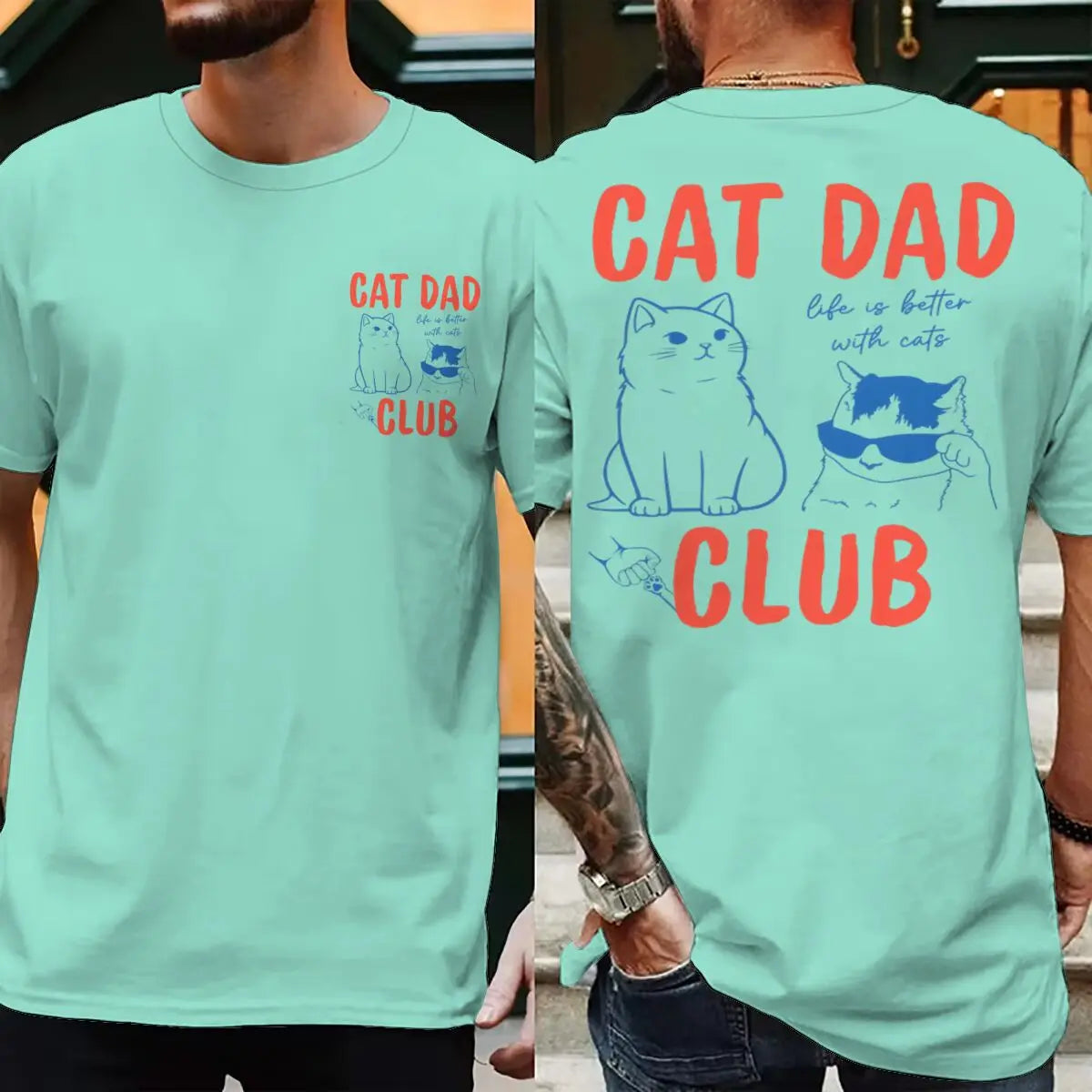 Cat Dad Club T-Shirt with Front and Back Graphics