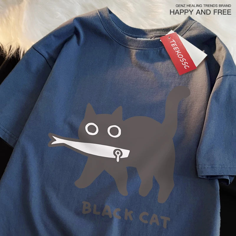Black Cat Eating Fish T-Shirt
