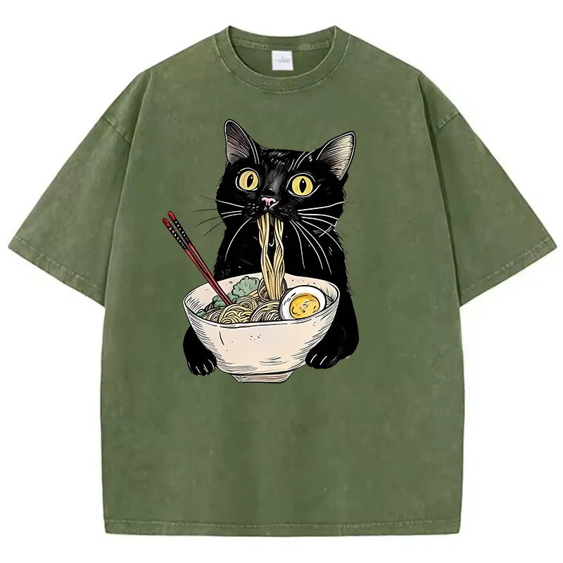Camiseta retrô gato comendo ramen