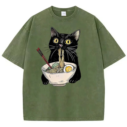 Camiseta retrô gato comendo ramen