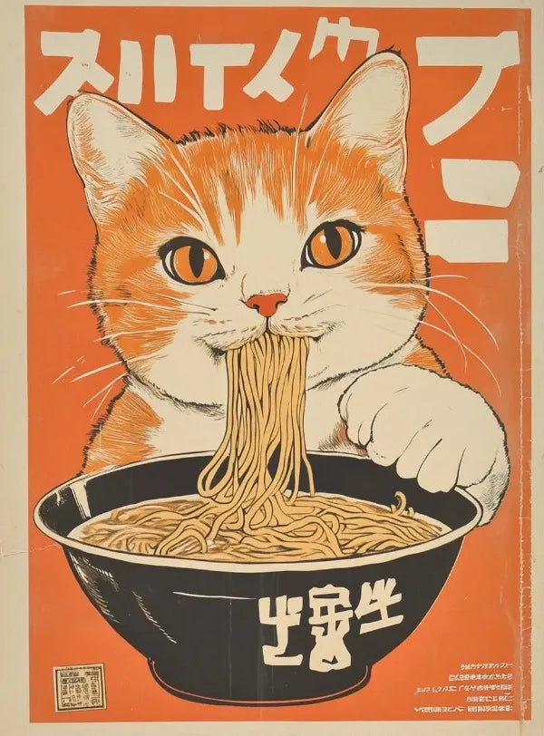 Vintage Cat Eating Ramen Poster Wall Art