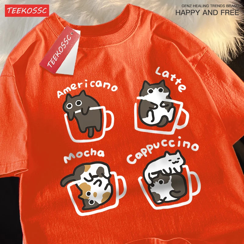 Camiseta de algodão café gato