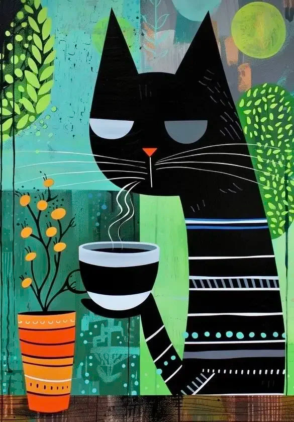 Schwarze Katze trinkt Kaffee-Poster