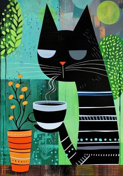 Schwarze Katze trinkt Kaffee-Poster
