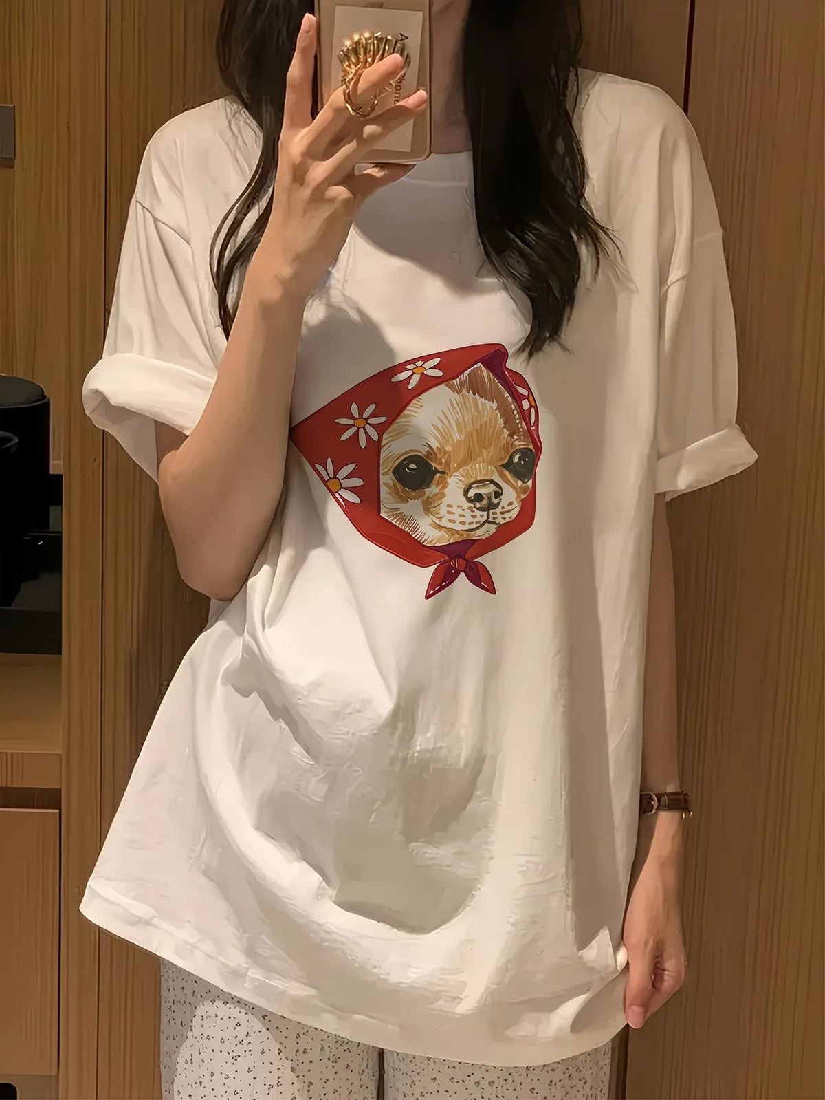 Women's Chihuahua Graphic T-Shirt with Floral Scarf Artwork