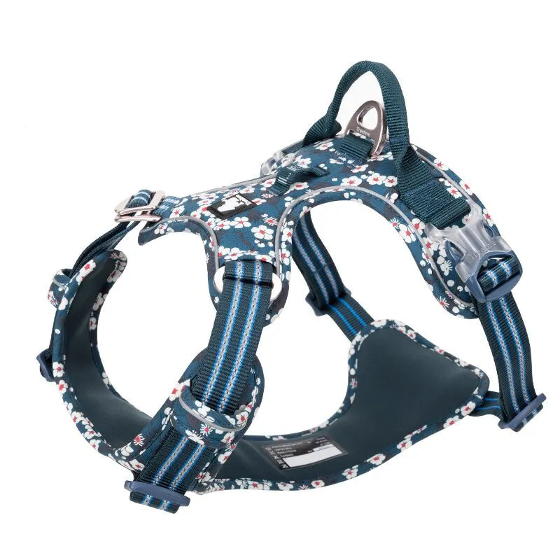 Blue Floral Adjustable Dog Harness with Top Handle