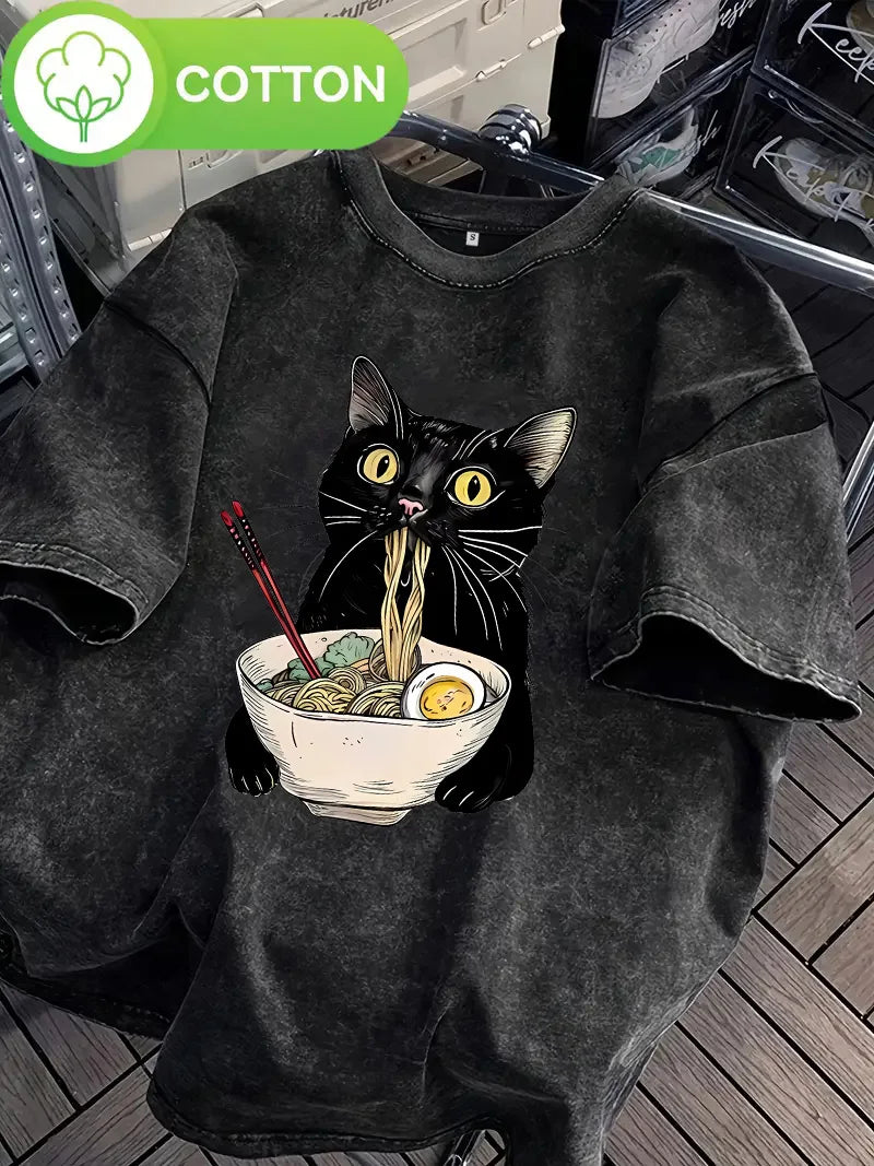 Camiseta retrô gato comendo ramen