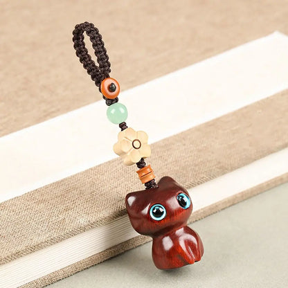 Porte-clés chat porte-bonheur en bois