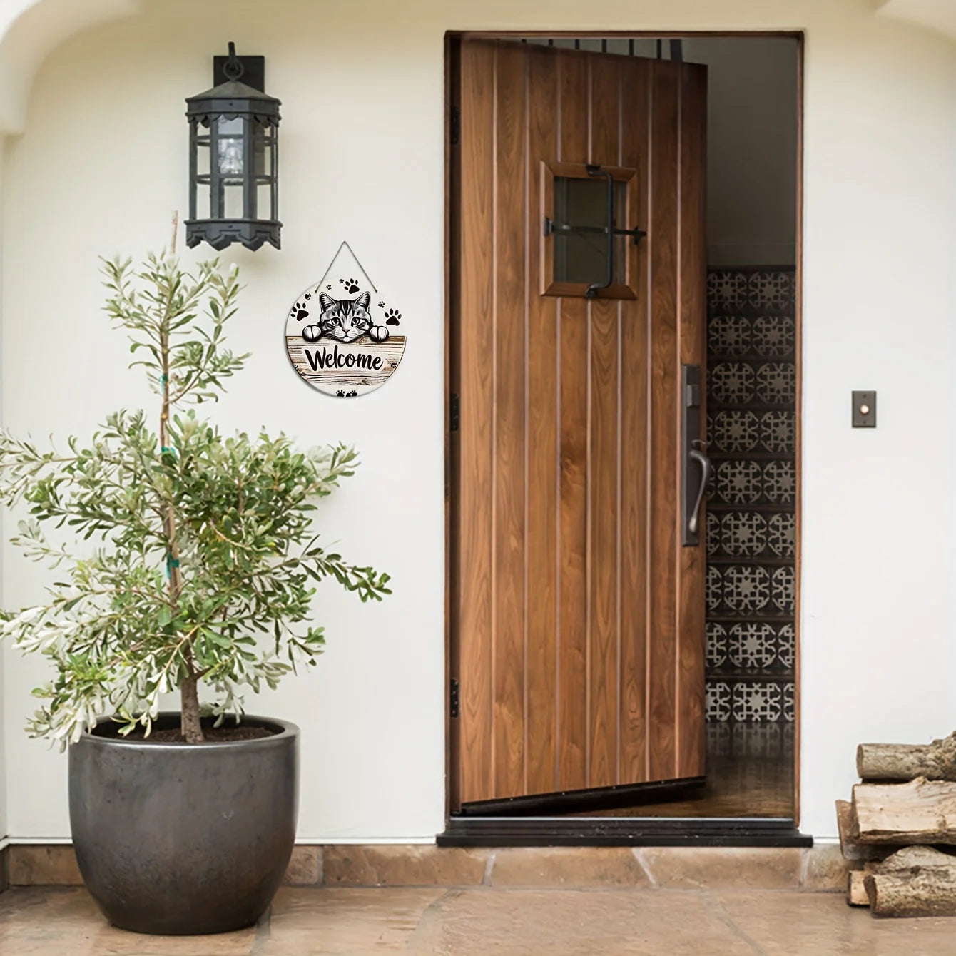 Wooden Cat Welcome Wall Decor