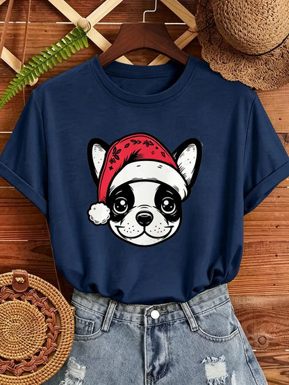 Women's Frenchie Christmas T-Shirt with Santa Hat Graphic