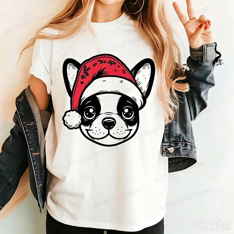 Women's Frenchie Christmas T-Shirt with Santa Hat Graphic