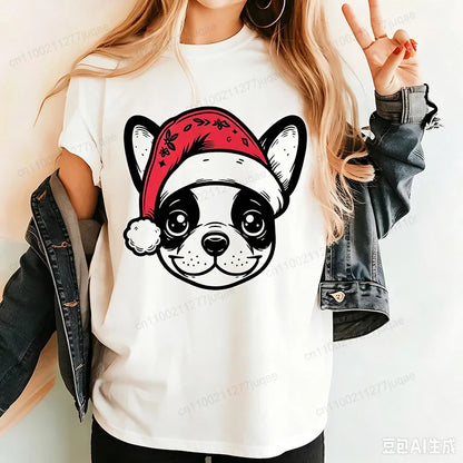 Women's Frenchie Christmas T-Shirt with Santa Hat Graphic