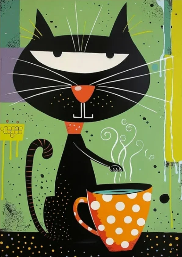 Schwarze Katze trinkt Kaffee-Poster