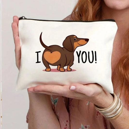Dachshund Heart-Print Cosmetic Bag with Zipper