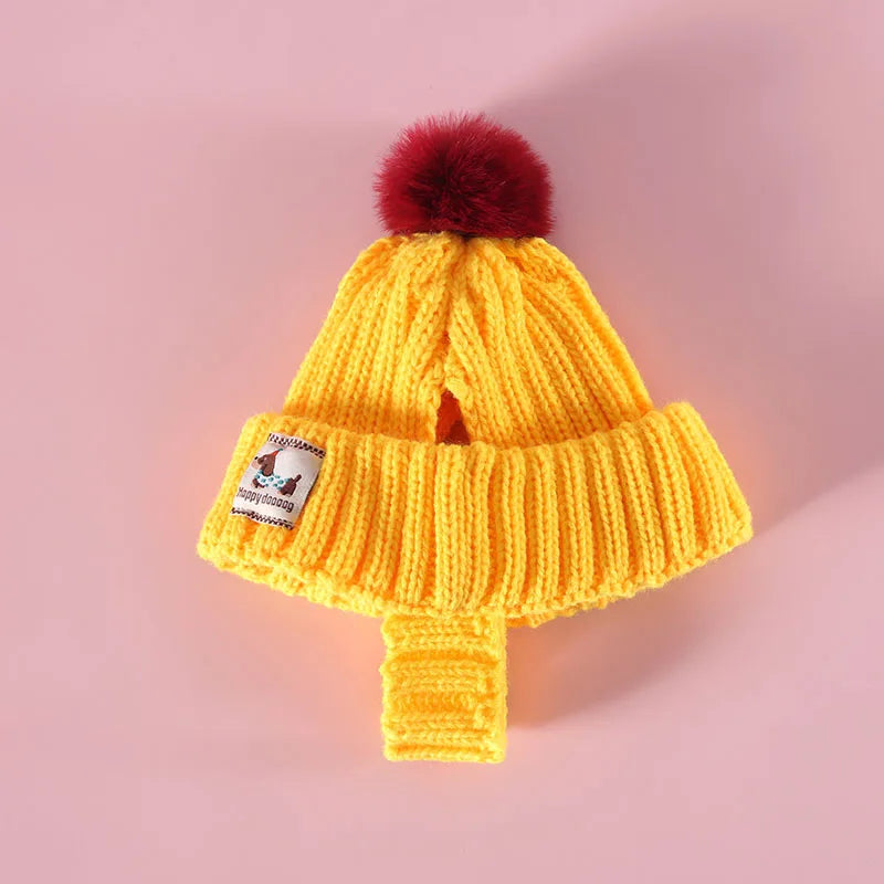 Ribbed Knit Pet Hat with Contrasting Pom-Pom