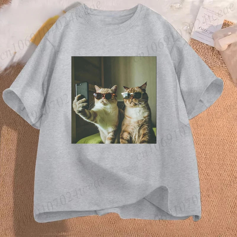 Camiseta gráfica divertida con selfie de gato
