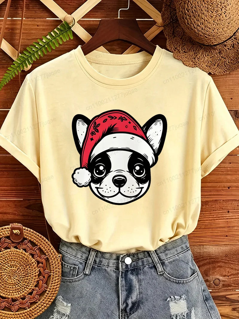 Women's Frenchie Christmas T-Shirt with Santa Hat Graphic