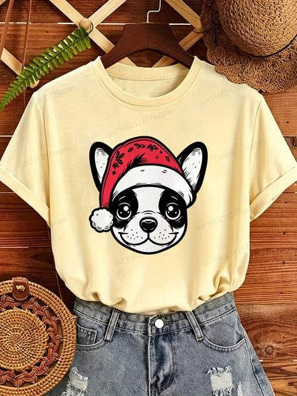 Women's Frenchie Christmas T-Shirt with Santa Hat Graphic