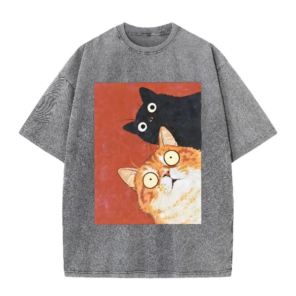 Unisex Washed Cotton T-Shirt with Surprised Cat Graphic