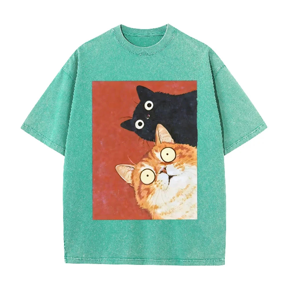 Unisex Washed Cotton T-Shirt with Surprised Cat Graphic
