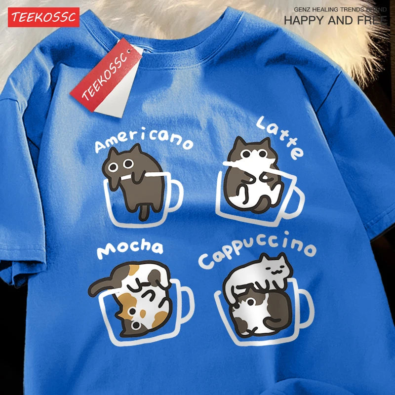 Camiseta de algodão café gato