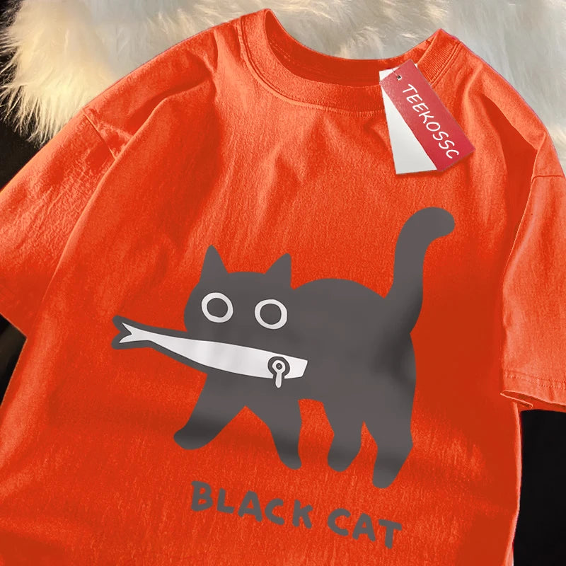 Black Cat Eating Fish T-Shirt