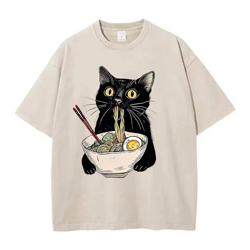 Camiseta retrô gato comendo ramen