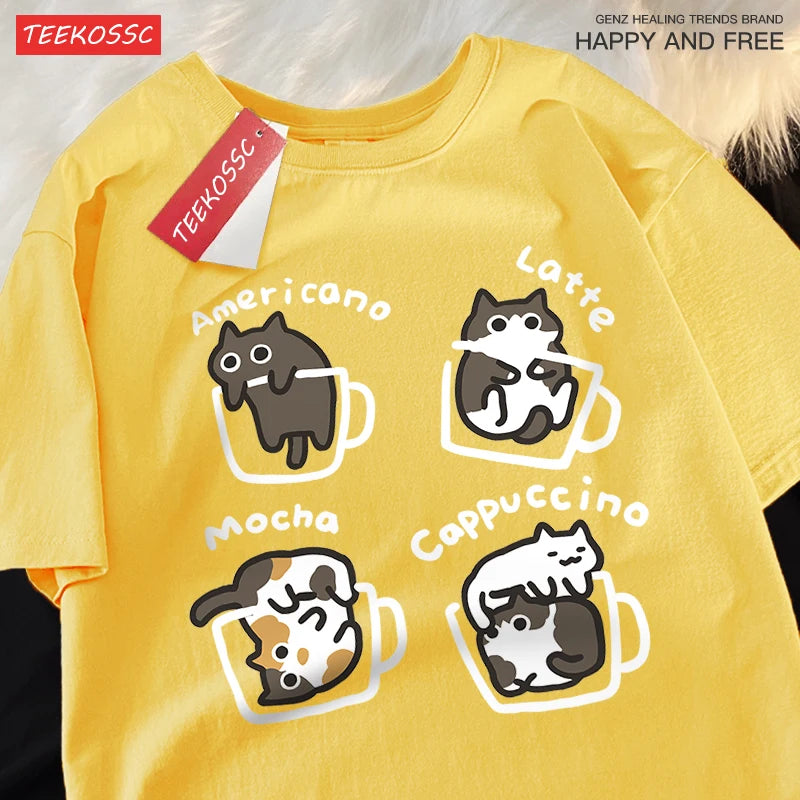 Camiseta de algodão café gato
