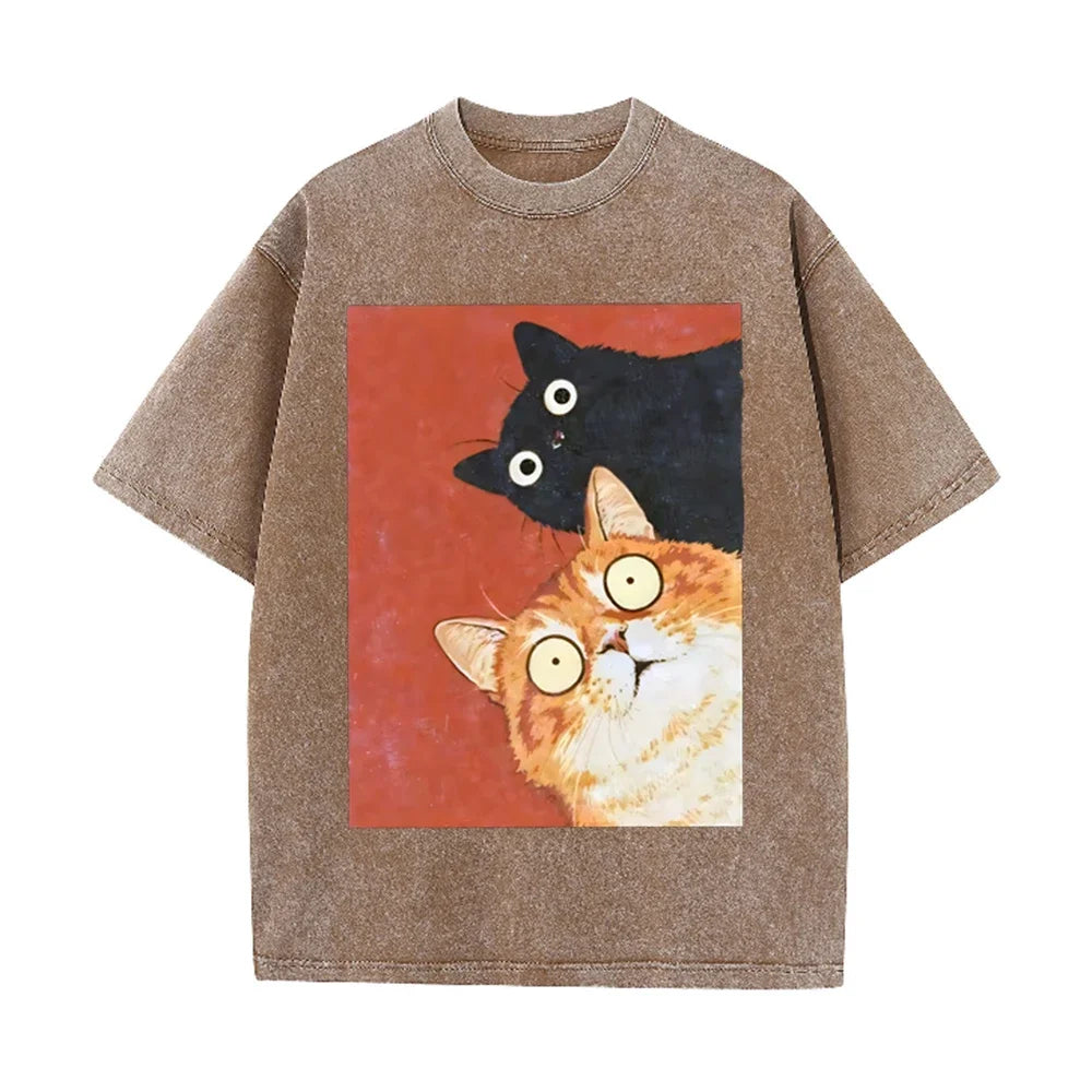 Unisex Washed Cotton T-Shirt with Surprised Cat Graphic