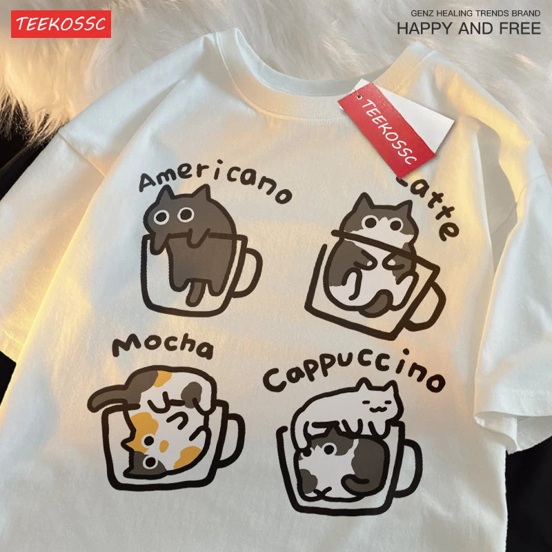 Camiseta de algodão café gato