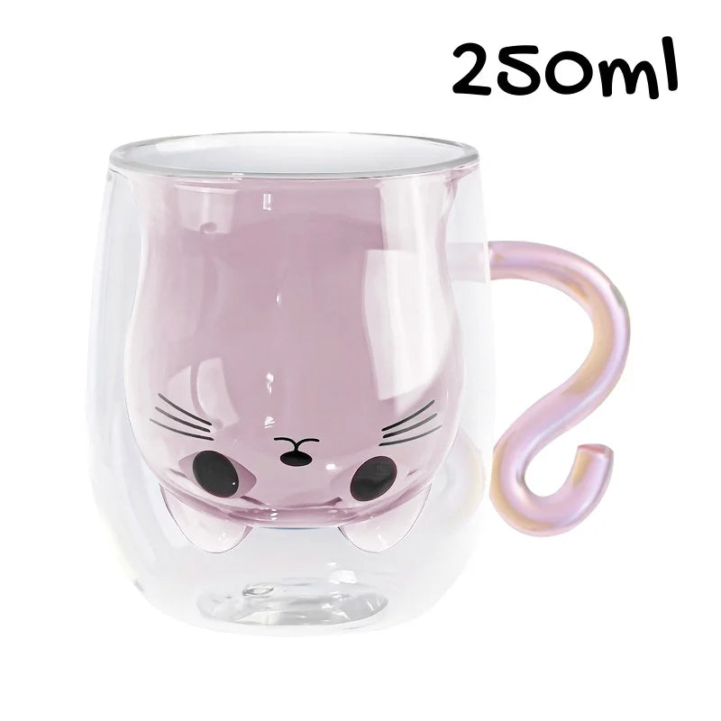 Tasse à double paroi en verre chat mignon