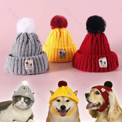 Ribbed Knit Pet Hat with Contrasting Pom-Pom