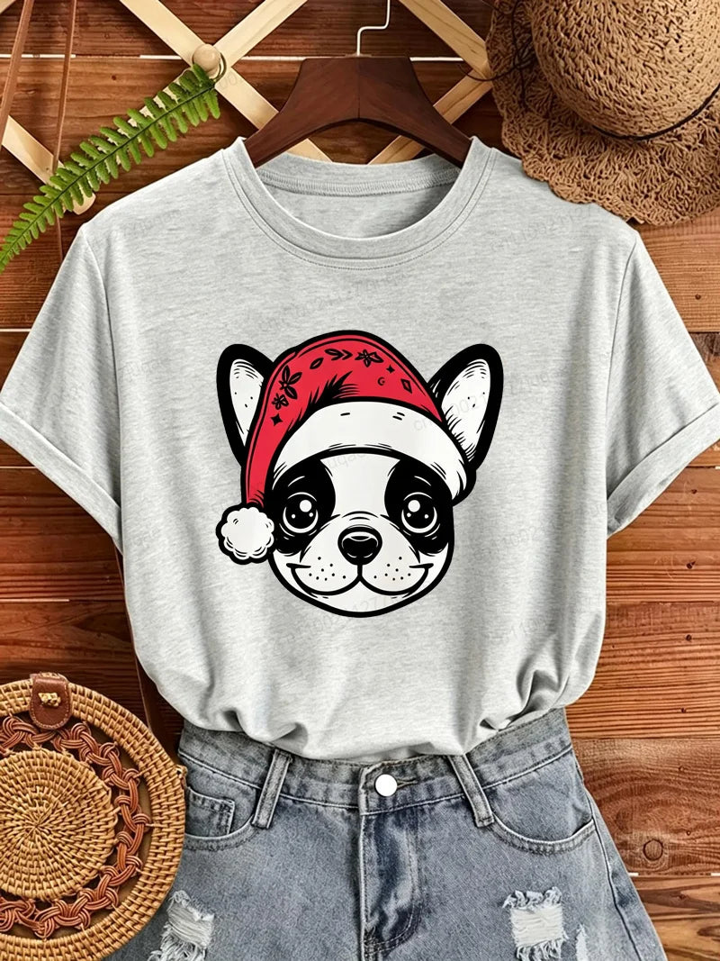 Women's Frenchie Christmas T-Shirt with Santa Hat Graphic