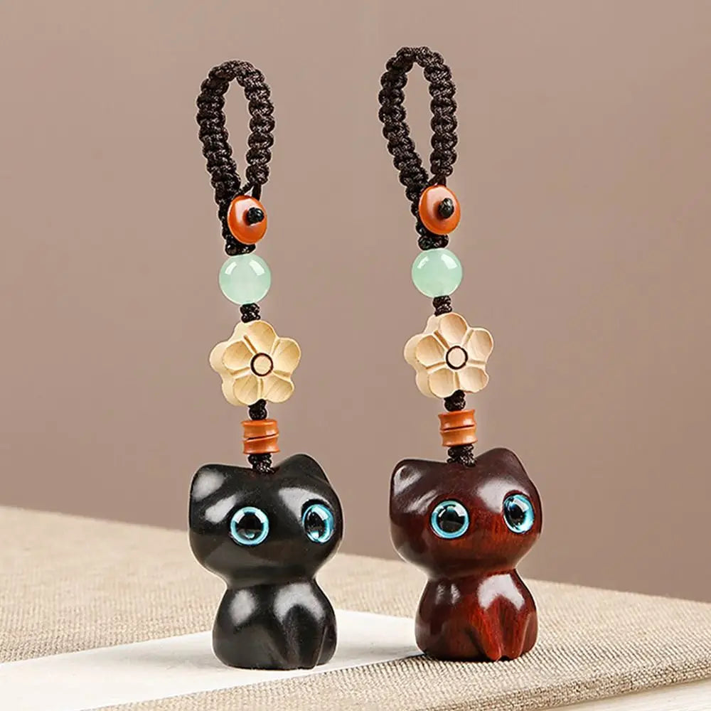 Porte-clés chat porte-bonheur en bois