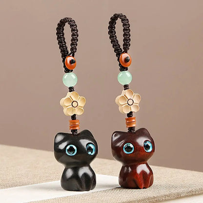 Porte-clés chat porte-bonheur en bois