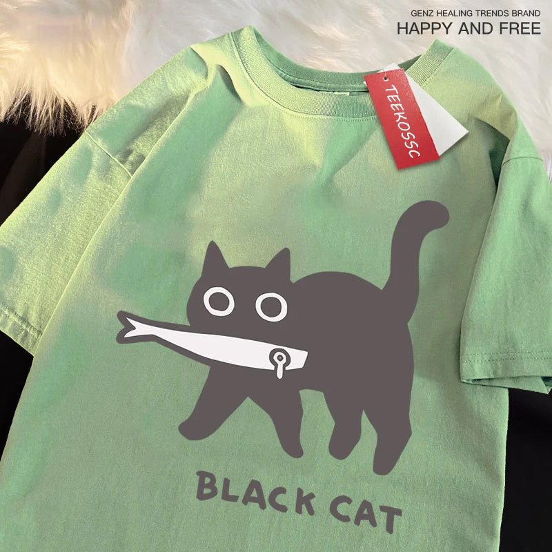 Black Cat Eating Fish T-Shirt