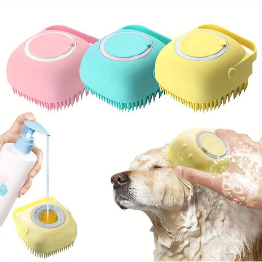 Pet Bath Brush with Silicone Bristles and Shampoo Reservoir