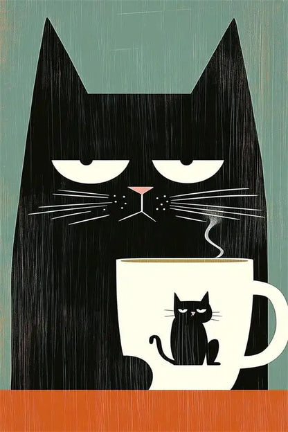 Schwarze Katze trinkt Kaffee-Poster