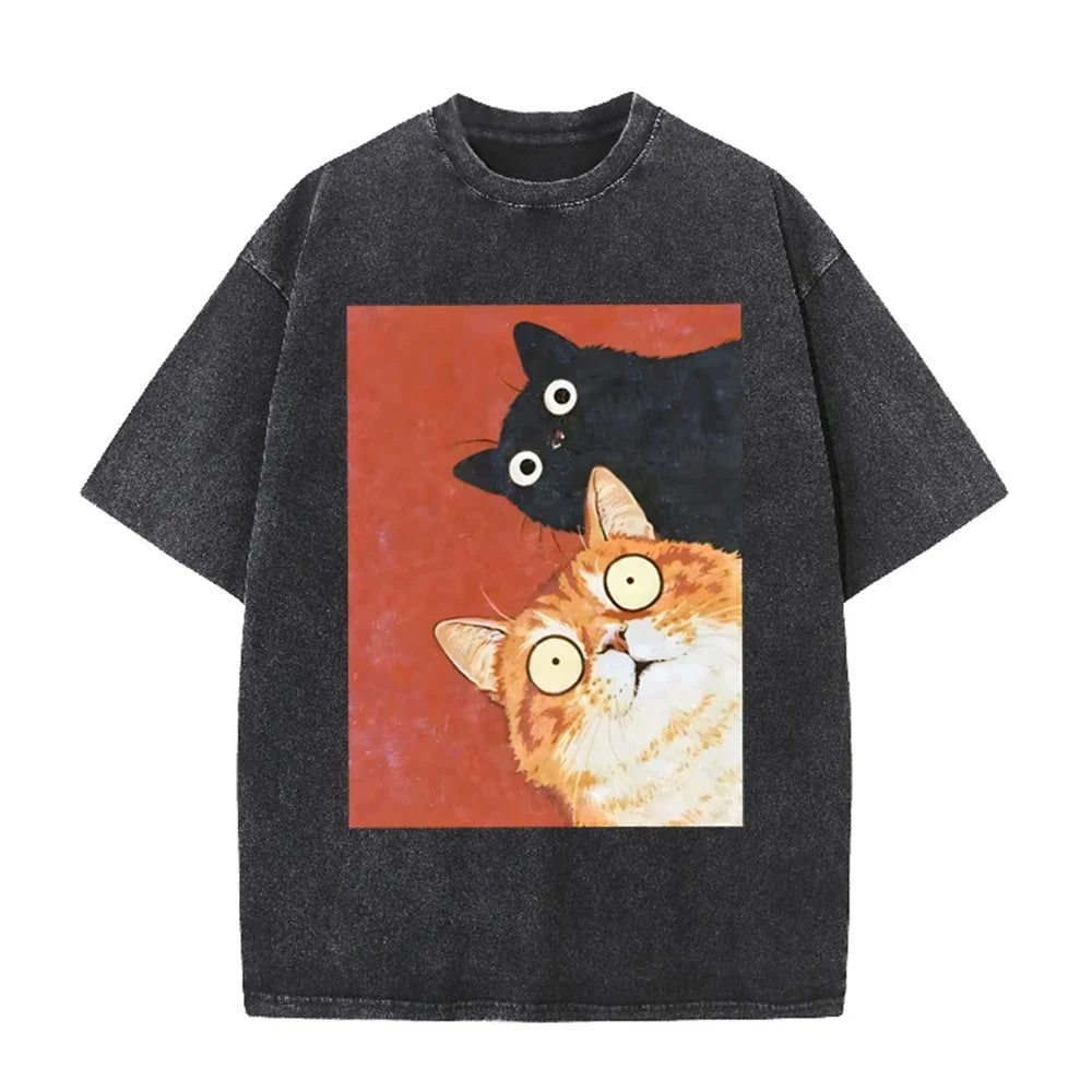 Unisex Washed Cotton T-Shirt with Surprised Cat Graphic