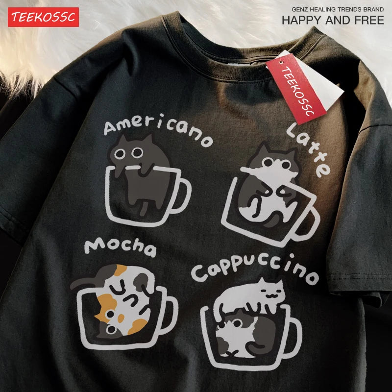 Camiseta de algodão café gato