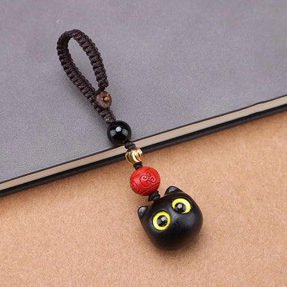 Porte-clés chat porte-bonheur en bois