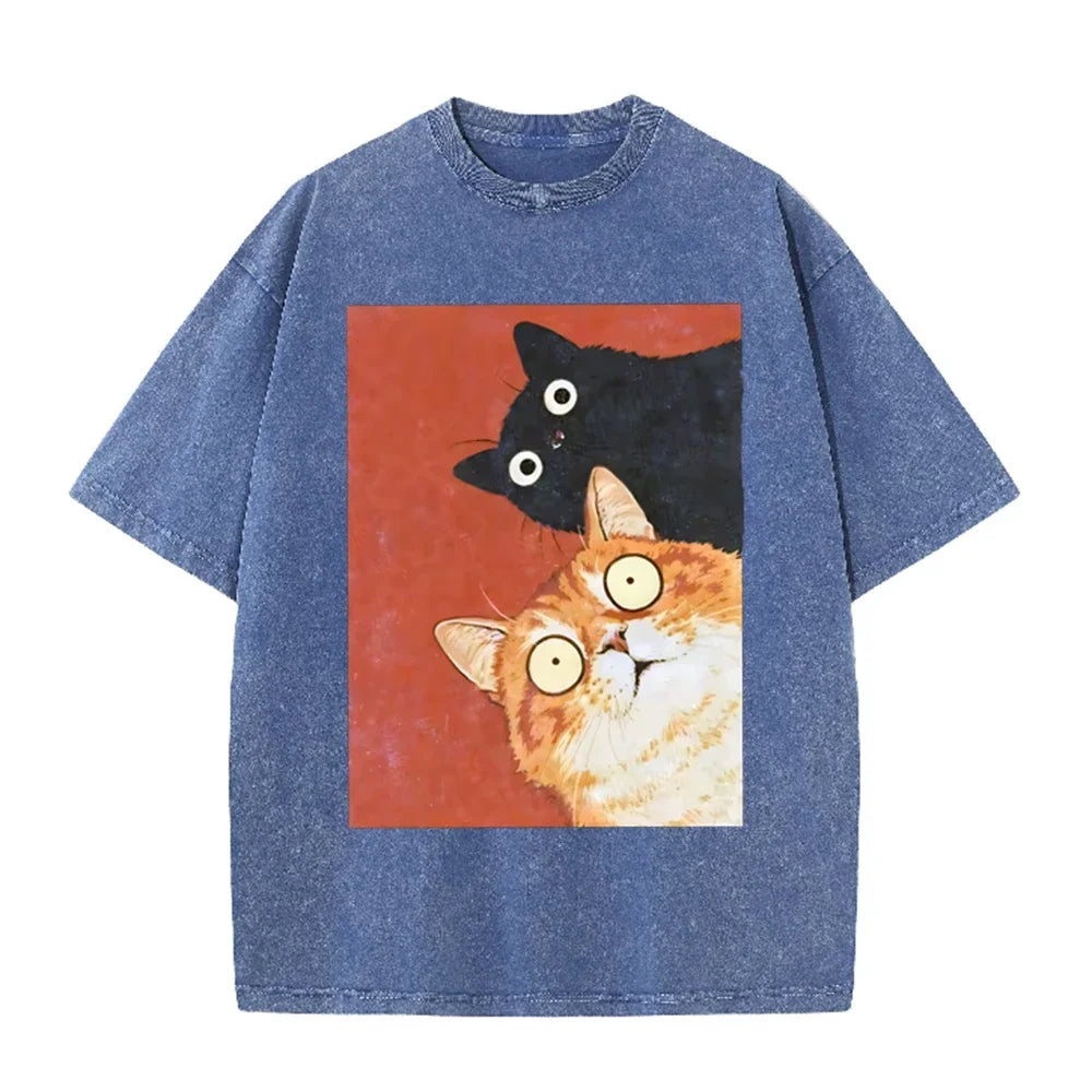 Unisex Washed Cotton T-Shirt with Surprised Cat Graphic
