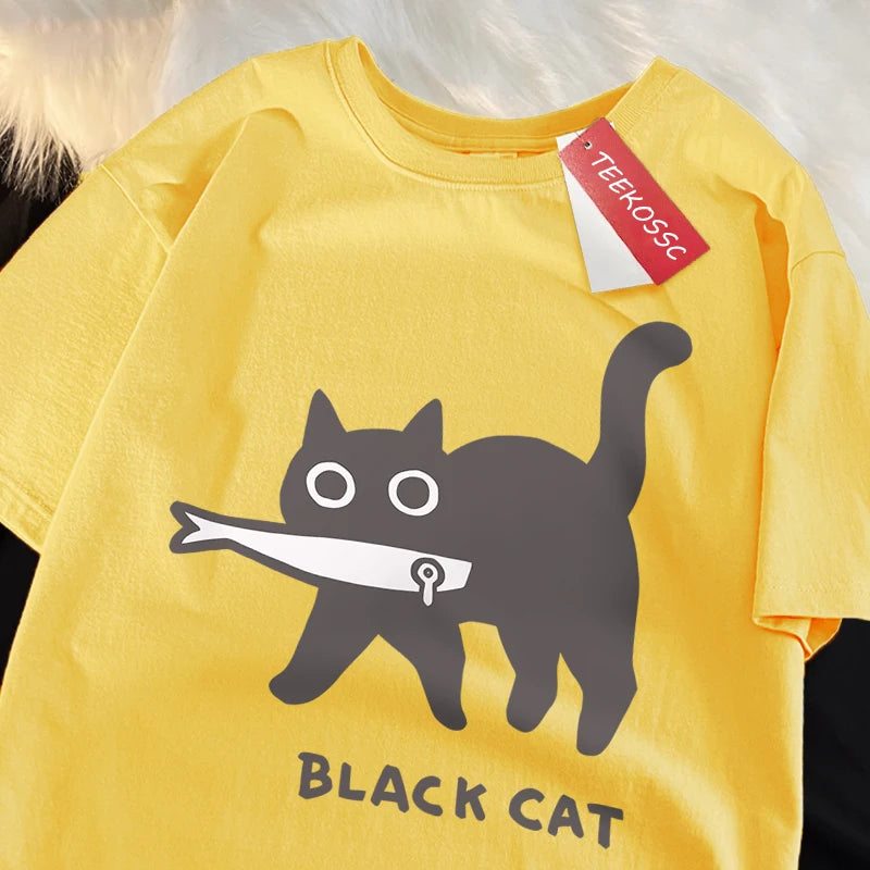 Black Cat Eating Fish T-Shirt