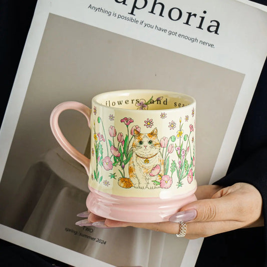 Cute Cat Ceramic Mug Flowers