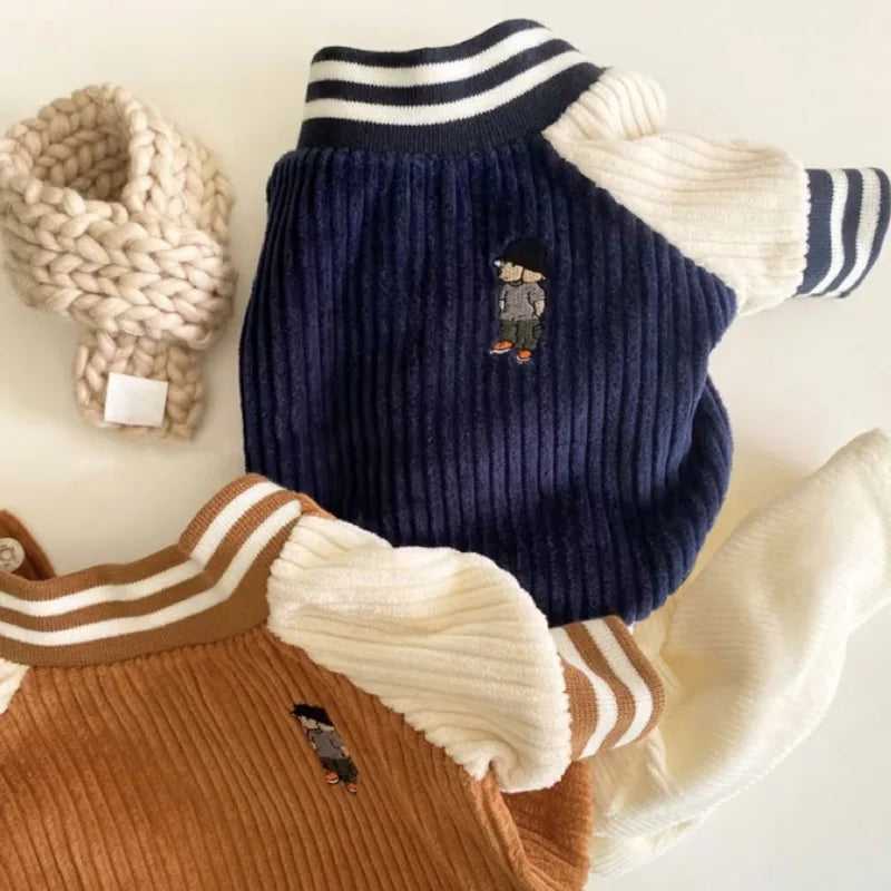 Veste de baseball pour animal, style velours côtelé bleu